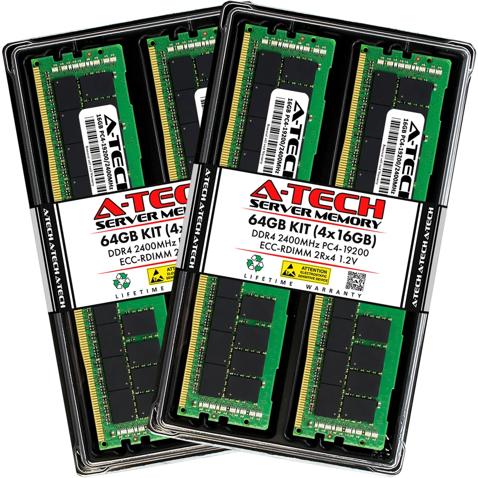 A-Tech 64GB 4x 16GB 2Rx4 PC4-19200R DDR4 2400MHz ECC REG RDIMM Server Arbeitsspeicher RAM