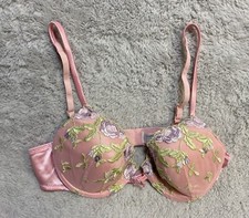 Vintage Lily Of France Bra 1788 Pink Floral Embroidered Padded Lined Clasp 36B