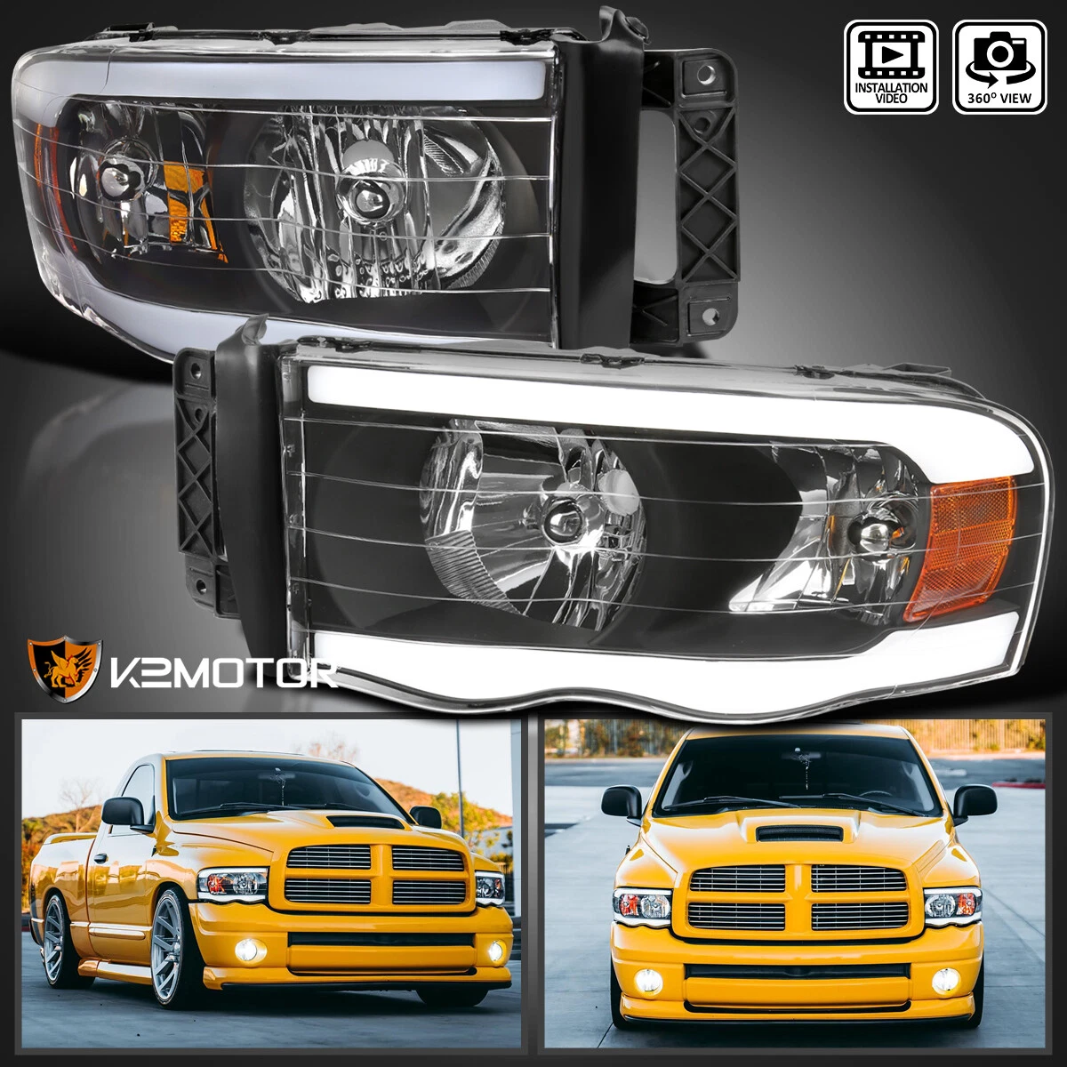 Black Fits 2002-2005 Dodge Ram 1500 2500 3500 LED Tube Headlights