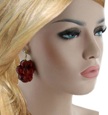 Large Red Grape Fruit Painted Dangle Pierced Earrings 2 1/2''