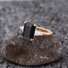 Gold Emerald Cut Natural Black Onyx Engagement Ring For Women Handmade Ring