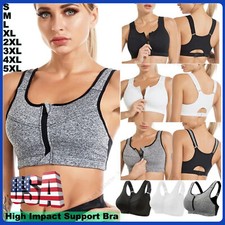 Womens Plus Size Sports Bra High Impact Shockproof Front Zipper Closure Yoga Gym