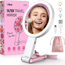 Travel Makeup Mirror with Lights Rechargeable Double-Sided 10X/1X Magnifying ...