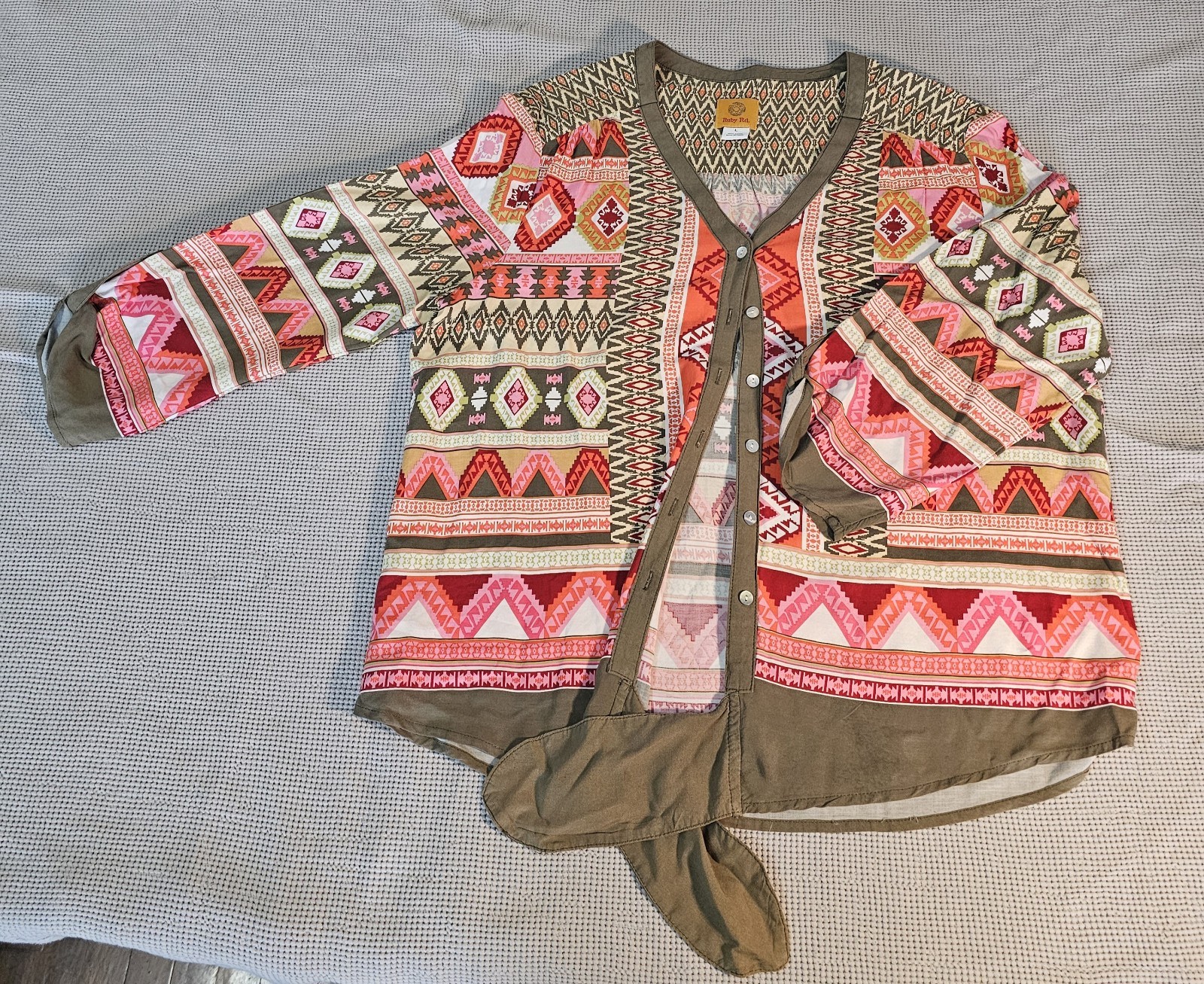 Ruby Rd Aztec Tribal Print Boho Button Front Top … - image 1
