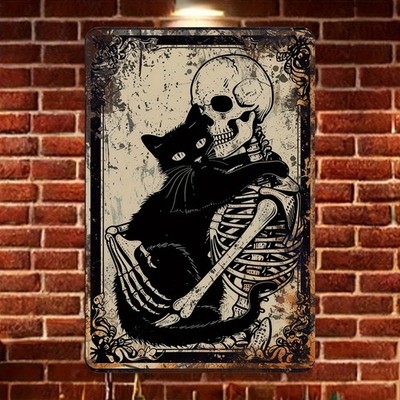 Charming Black Cat & Skeleton Tin Metal Signs - Perfect for Home, Cafe, Garag