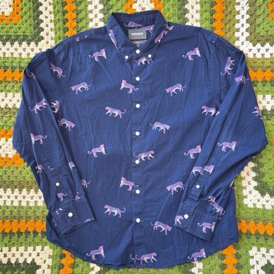Bonobos Men s Shirt L Standard Fit Navy Button Up Pink Panther Print Long Sleeve