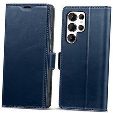 for Samsung Case, Genuine Leather RFID Blocking Wallet Galaxy S25 Ultra Blue