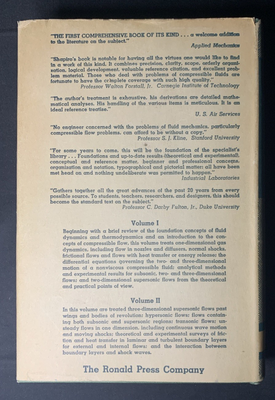 Compressible Fluid Flow VOL. 1 - Ascher Shapiro - 1953 HC w/ DJ - VG