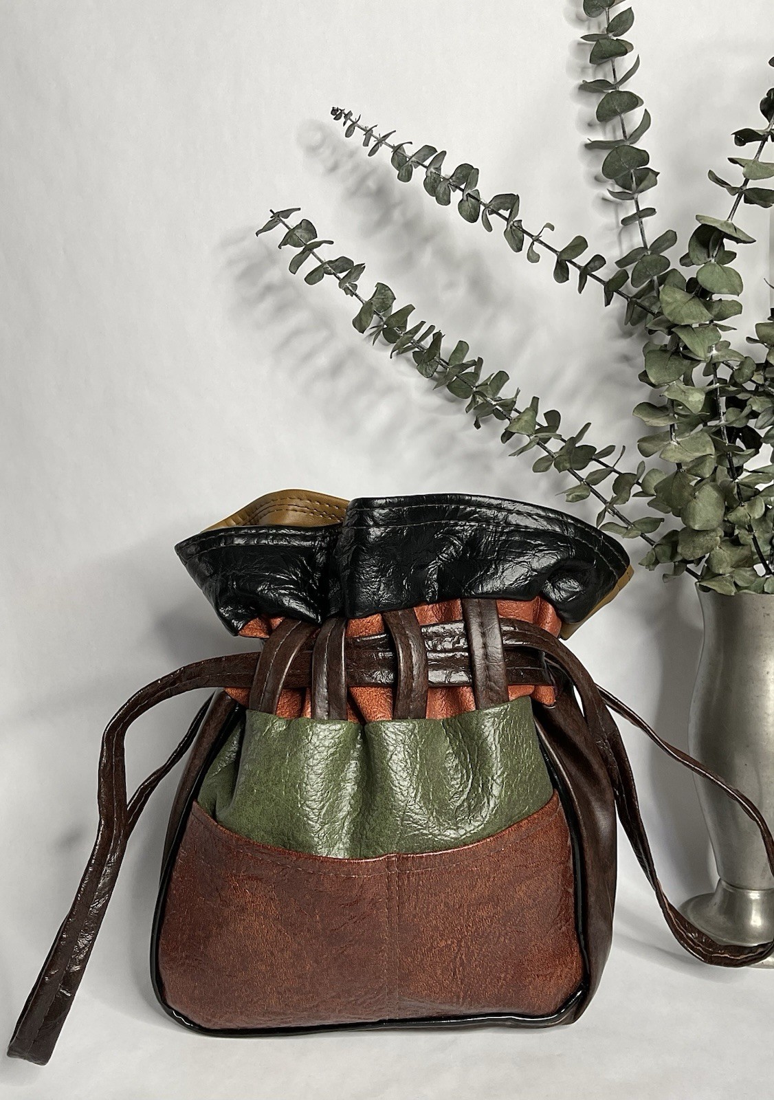 1960s 1970s Drawstring Patchwork Bucket Bag, Vint… - image 1