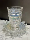 Vtg Federal Glass Colonial Thumbprint Tumbler, Petal Bowl & Dish Set, Iridescent