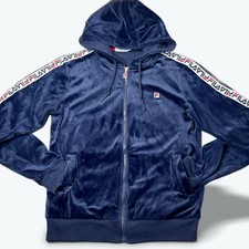 FILA Track Jacket Sz Large Blue Velour Full Zip Hoodie Pockets Vintage Hip Hop
