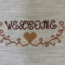 Vintage ‘87 Completed Cross Stitch 11”x11.5” “WELCOME” In fall Colors UNFRAMED