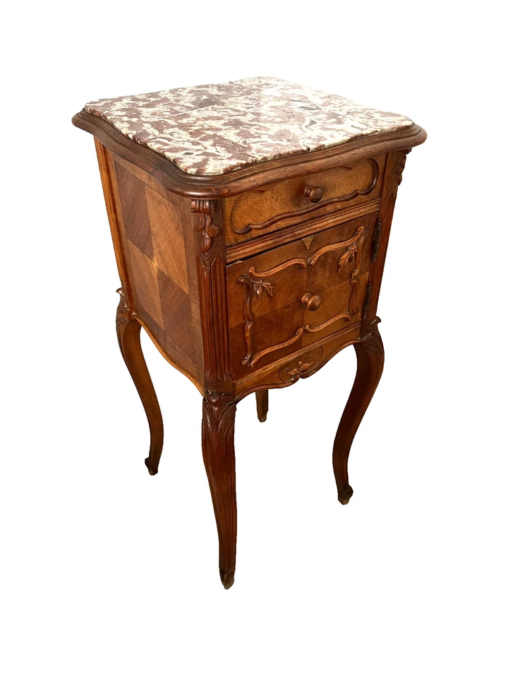 Beistelltisch Nachttisch Marmorplatte  Nussbaum night table french Holz Kommode - Bild 2 von 4