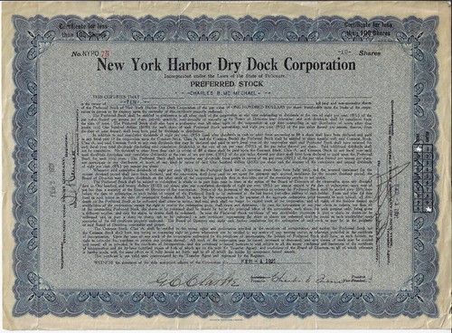 NEW YORK 1921, New York Harbor Dry Dock Corp Certificato di Stock, Port Jefferson  - Foto 1 di 8
