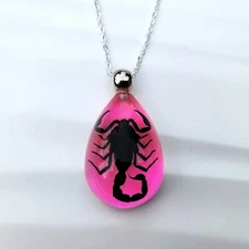 Black Scorpion Pink Resin Necklace, Real Insect Jewelry, Heterometrus Spinifer