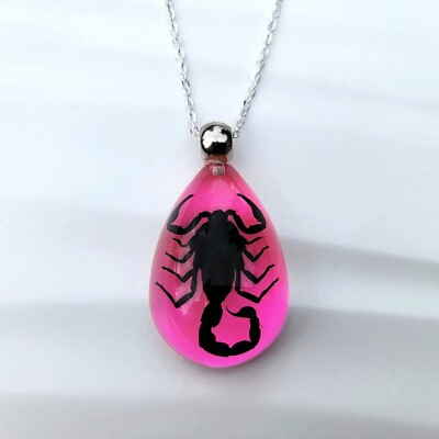 Black Scorpion Pink Resin Necklace, Real Insect Jewelry, Heterometrus Spinifer