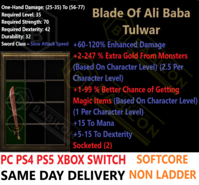   PC PS4 PS5 XBOX SWITCH   Ali Baba Magic/Gold Diablo 2 Resurrected Items D2R