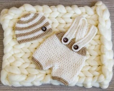 Handmade Newborn Crochet Short Pants and Beanie Photo Prop Baby Boy Overalls