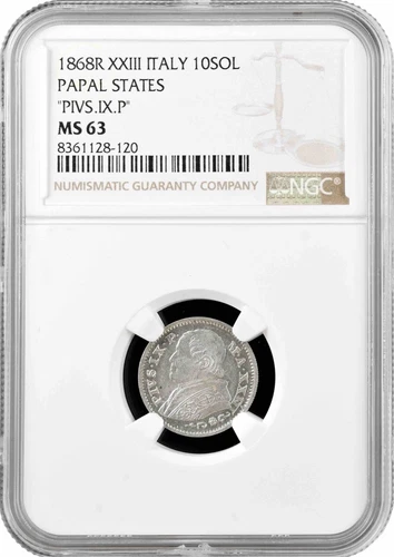 Papal States 10 soldi 1868 R XXIII, NGC MS63, "Pope Pius IX (1846 - 1878)"