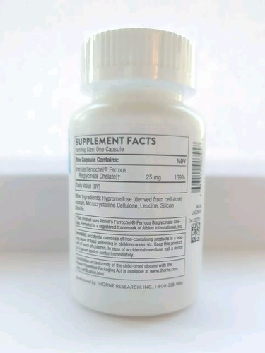 Thorne Research, Iron Bisglycinate, 60 Veggie Caps Fresh UK Stock - Picture 2 of 3