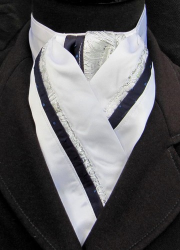 Ready Tied White with Navy Faux Silk & Silver Paisley Riding Stock / Scrunchie - Picture 2 of 7