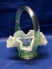 Vintage Fenton Small Willow Green Basket Opalescent w/Grape & Vine Design EUC