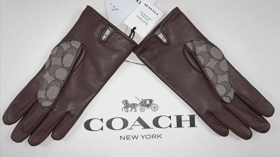 NEW COACH Size 6.5 Women's Gloves Oak SIG C Jacquard Leather Wool Lined TECH $95 - Image 4 of 4
