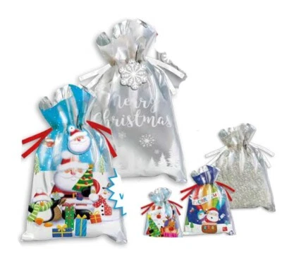 GIFTMAKER 5 Christmas Gift Bags Drawstring Wrap 1 of each Design 2 Jumbo 2 Medium 1 Small