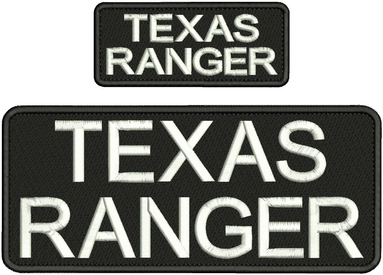 "Texas RANGER" embroidery patch 4x10 and 2x5 hook ON BACK WHITE ON BLACK