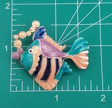 MJ Fish Brooch and Pendant Combo 1.5in Multicolor Enamel Bubbles Sea Life Estate