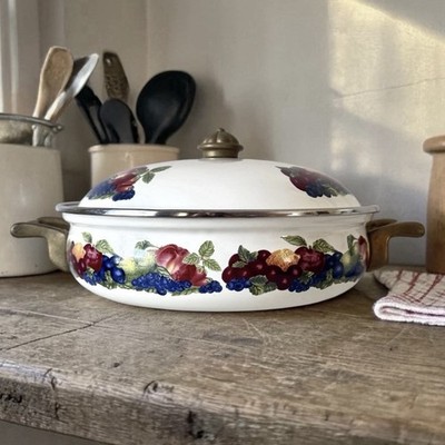 Vintage Lincoware Orchard Royale Enamelware With Lid Casserole Fruit 3 Qt 10.25 
