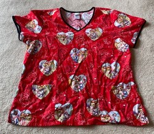 Disney Bambi Red Hearts V Neck Scrub Top Women's XL 100 Cotton Pockets