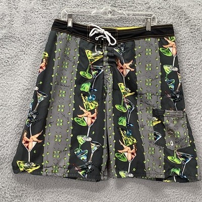 Rusty Board Shorts Mens 38 Multicolor Pin-Up Martini Cocktail Swim Trunks Lined