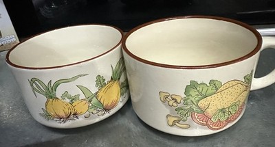 2 Vintage 70er Jahre Zwiebelmuster & Huhn Pint Suppenschalen Retro Kitchenalia 