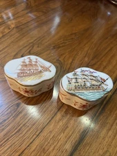 Vintage Porcelain Trinket Box with Lid Ship Motif