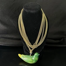 Kenneth Jay Lane Necklace Gold Tone Jade Green Lucite Bird Vintage Pendant 36”