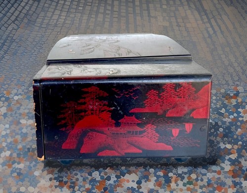 Vtg Japanese Hand Painted Abalone/MOP Inlay Music Jewelry Box, Swan Brand 14"x6" - Picture 11 of 16