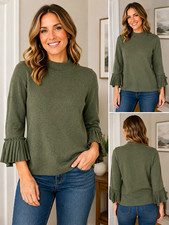 LOFT Outlet Green Solid Knit Mock Neck Ruffle 3/4 Sleeve Pullover Sweater S
