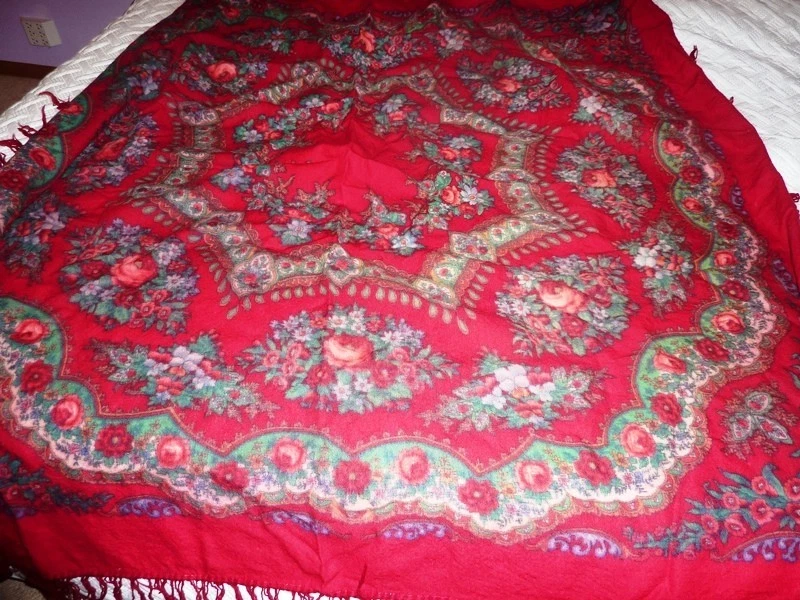 Mantón, Pavlovo Posad, lana, vintage, grande, cálido, mantel, flores, envoltura, Foto 2 de 4