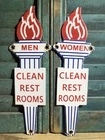 VINTAGE STANDARD MENS WOMENS RESTROOMS SET TORCH 12” PORCELAIN GAS OIL SIGN