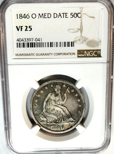 1846-O SEATED LIBERTY HALF DOLLAR 50C MEDIUM DATE NGC VF-25 BETTER DATE, TONING 