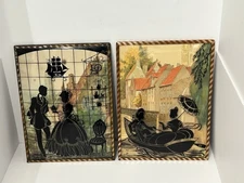 Vintage Reverse Painted Silhouette on Bubble Glass With Lithograph Print Pair 2