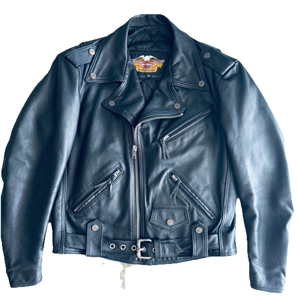 Chaqueta de cuero Harley Davidson para hombre mediana negra de la década de 1990 American Legend Foto 3 de 4