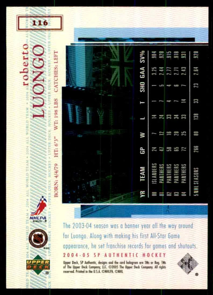 2004-05 SP AUTHENTIC ALL WORLD TEAM ROBERTO LUONGO FLORIDA PANTHERS #116 - Image 2 of 2