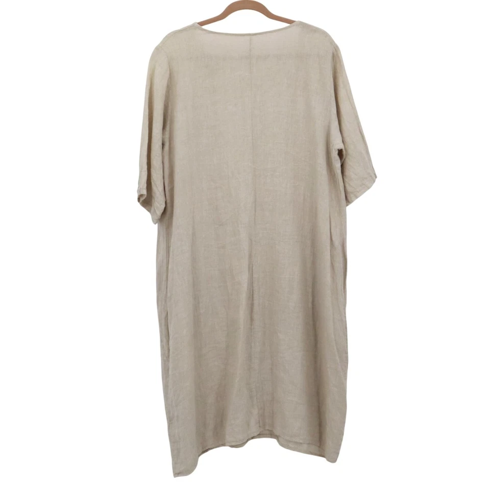 Vestido midi italiano de lino para mujer 1X beige relajado boho minimalista costero resort Foto 3 de 4