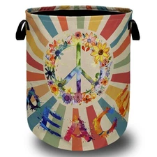 Retro Colorful Hippie Peace Laundry Basket Foldable With Handles Tote Bag Oxf...