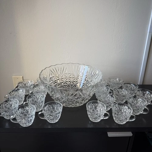 Vintage Anchor Hocking Pressed Glass Punch Bowl Set w/ 18 Cups