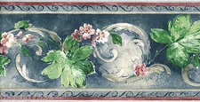 Victorian Blue Grey Green Ivy Acanthus Leaf Scroll Pink Flower Wall paper Border