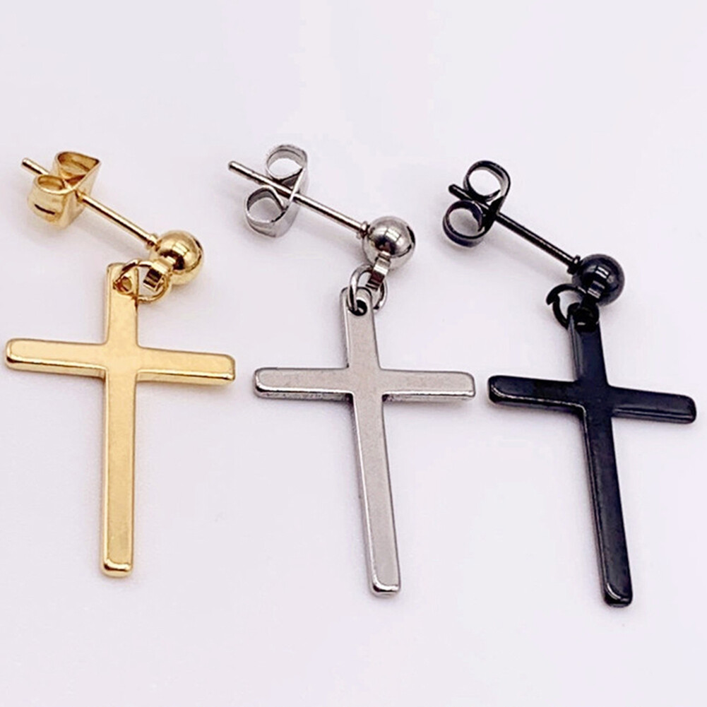 1pc Black Cross Earring Men Hipster Personality Street Titanium Steel Earrings