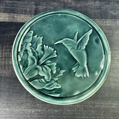 Hummingbird Tile Handmade Ceramic Artist Signed 6 1/2  Circle Green Glazed READ
